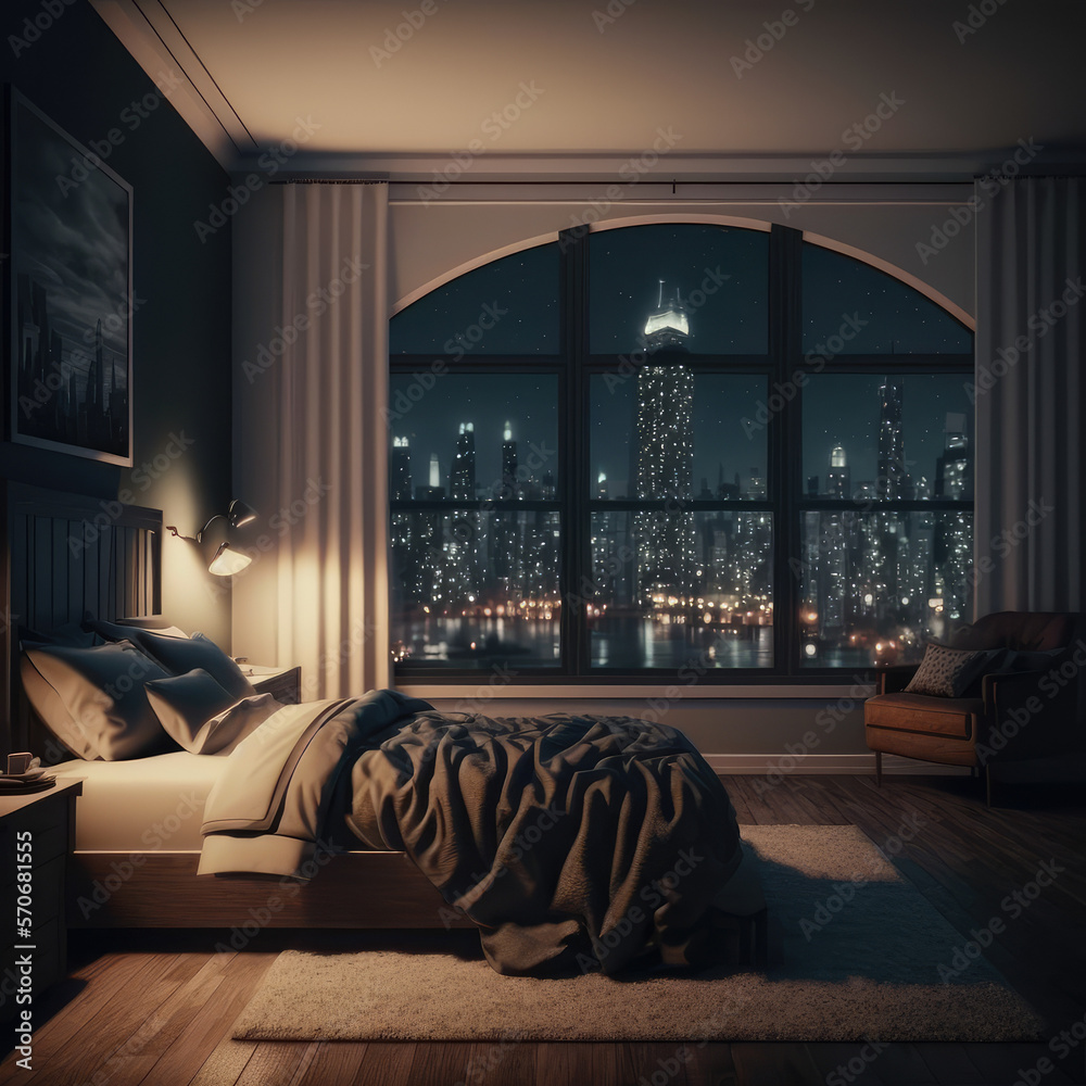 Interior of luxury penthouse bedroom at night. Peculiar AI generative image.