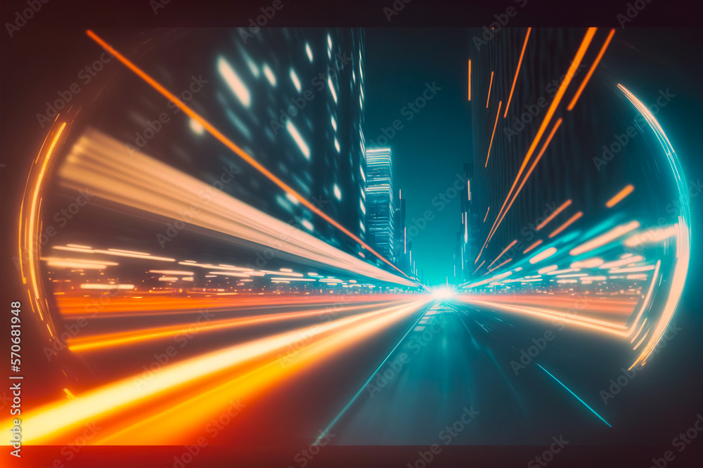 Smart digital city with high speed light trail of cars of digital data transfer . Sublime Generative