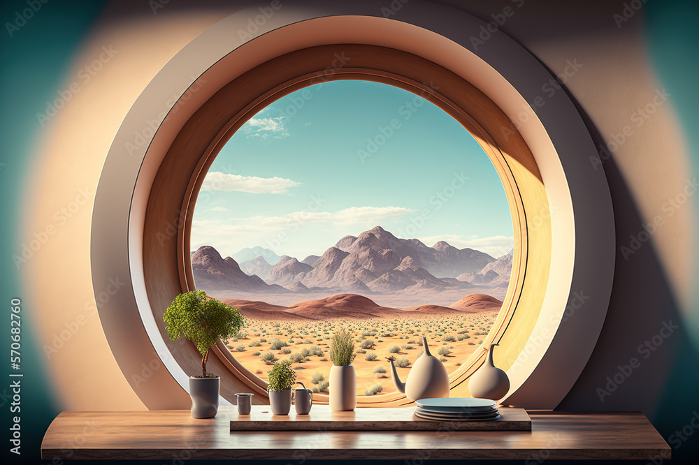 A room with round glass window overlooking beautiful landscape background . Hotel futuristic showroo