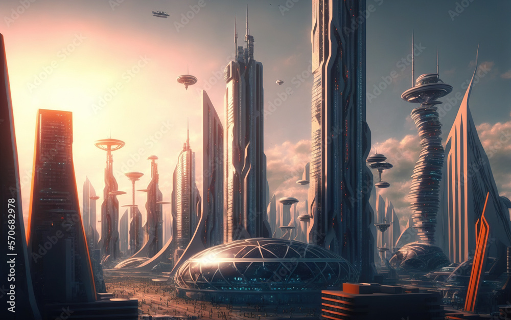 Skyline of futuristic city with fictional architecture in panoramic view . Megalopolis landscape wit