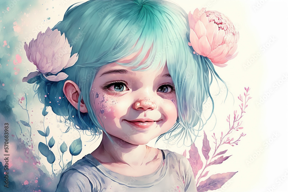 Watercolor art style image of little cut girl in pastel pink and blue colors . Sublime Generative AI