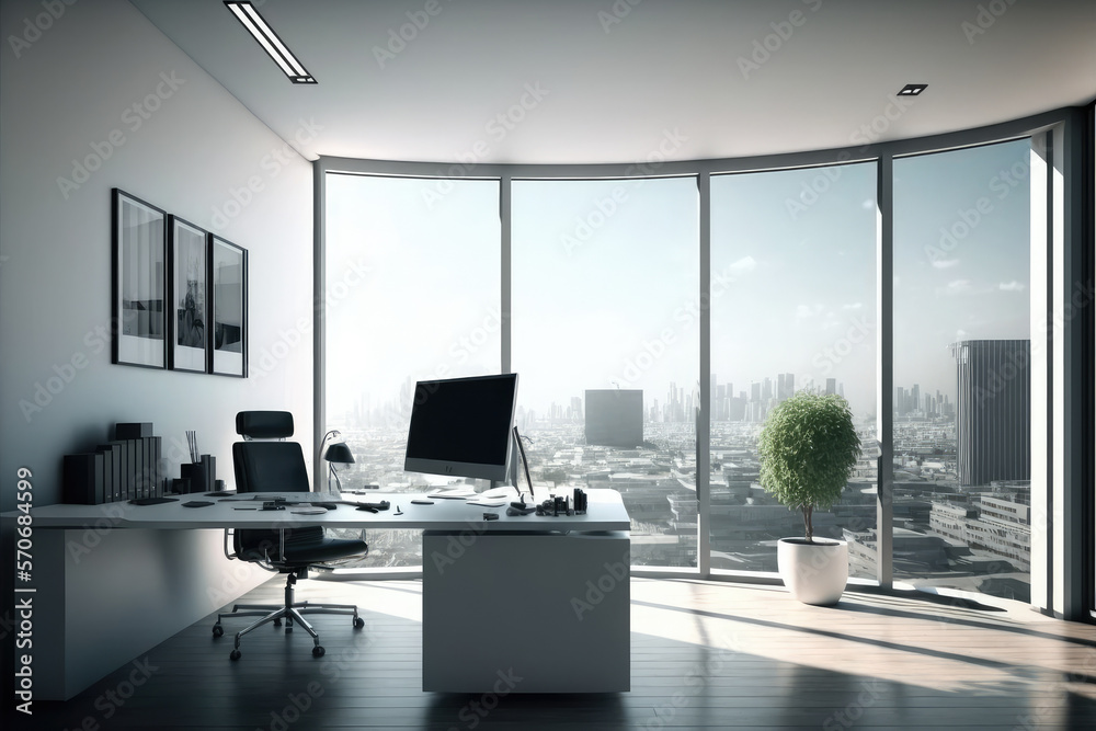 Empty modern office background in city center . Workspace interior design . Clean and bright office 