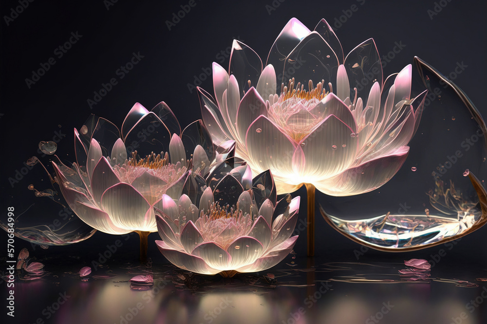 Dreamlike image of light glowing lotus flower or water lily with transparent pink illumination under