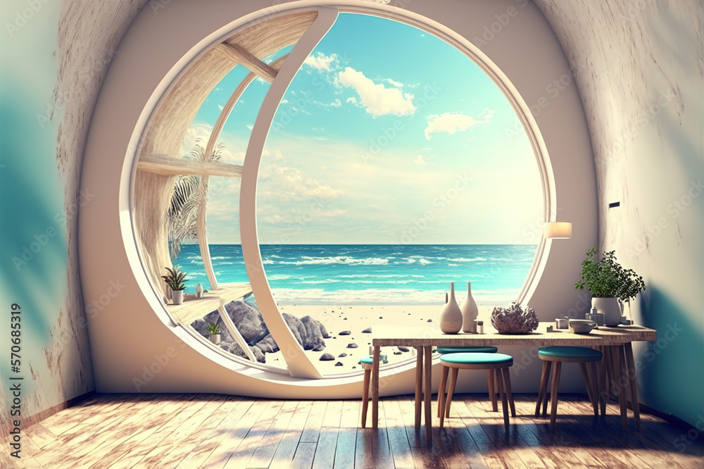 A room with round glass window overlooking beautiful landscape background . Hotel futuristic showroo