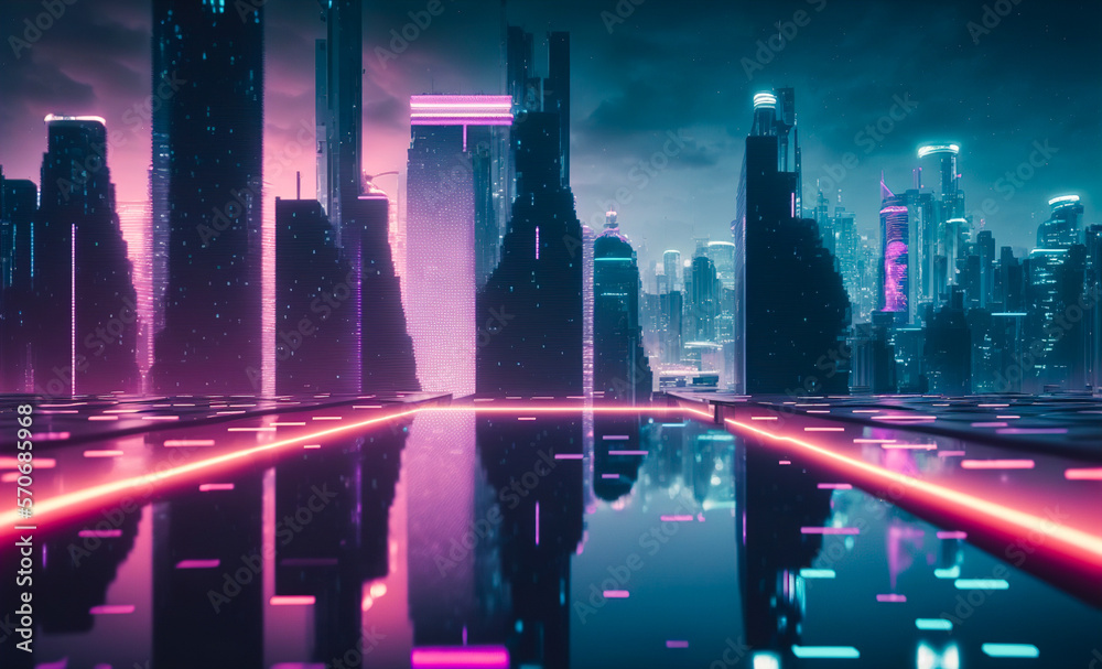 Futuristic city with neon light of pink and blue illuminated city street . Sublime Generative AI ima