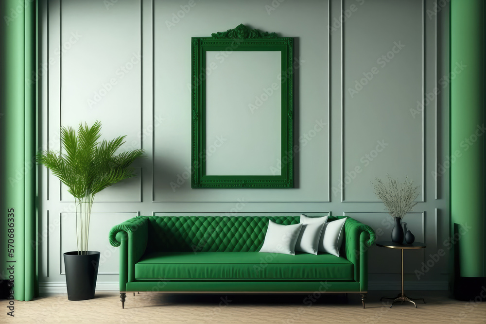 Green modern interior living room design with empty picture frame template for your desired content.