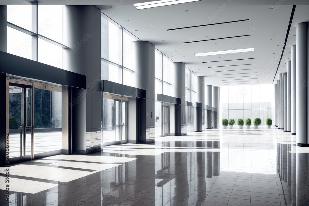 Empty entrance hall of modern public station or large convention center lobby . Contemporary beautif