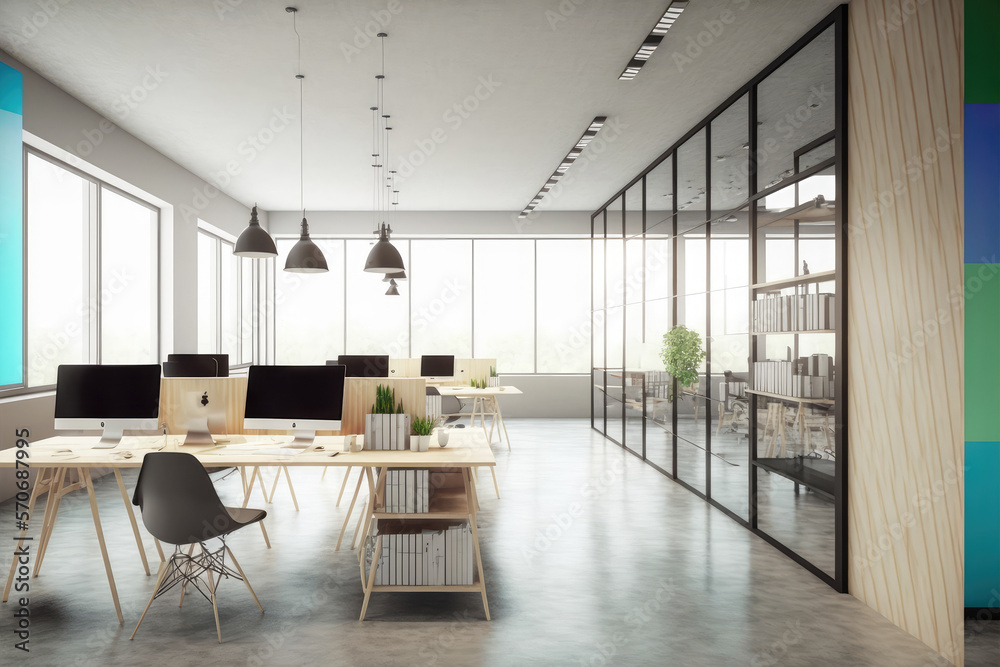 Modern office interior design . Contemporary workspace for creative business. Peculiar AI generative