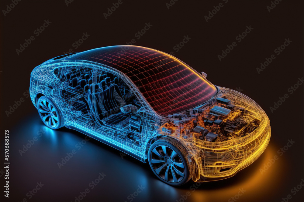 Virtual simulation of future electric car showing wireframe prototype model blueprint in display for