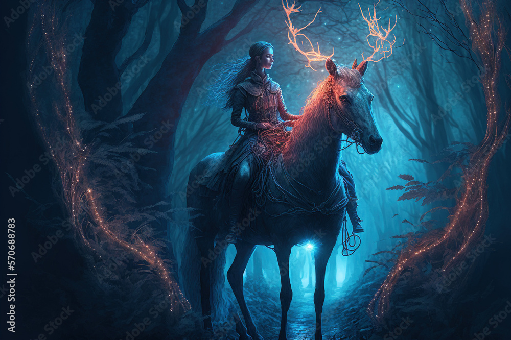 Night fantasy image of mystic woman riding deer in magical forest illumination . Sublime Generative 