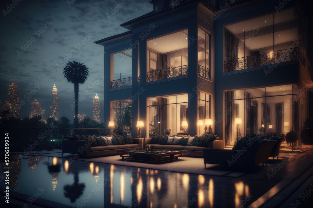 Luxury house with sitting area at night . Modern design of home architecture exterior. Peculiar AI g