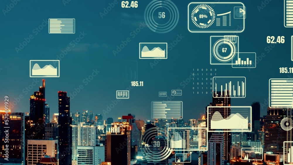 Business data analytic interface fly over smart city showing alteration future of business intellige