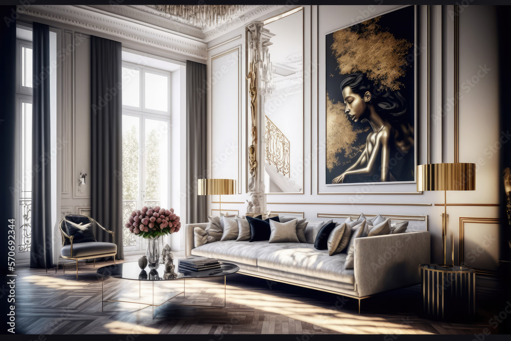 Luxury interior of home or hotel living room design with elegant retro stylish furniture decorated w