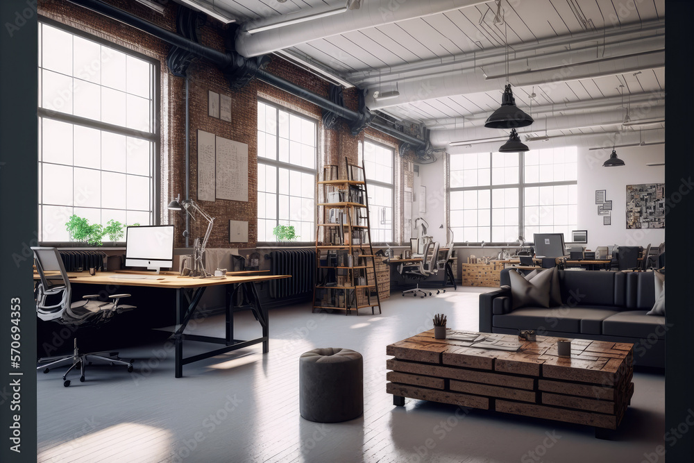 Luxury workspace office decorated with industrial loft modern interior design. Peculiar AI generativ