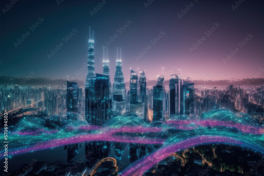 Smart city with communication network graphic connecting the city with wireless internet technology.