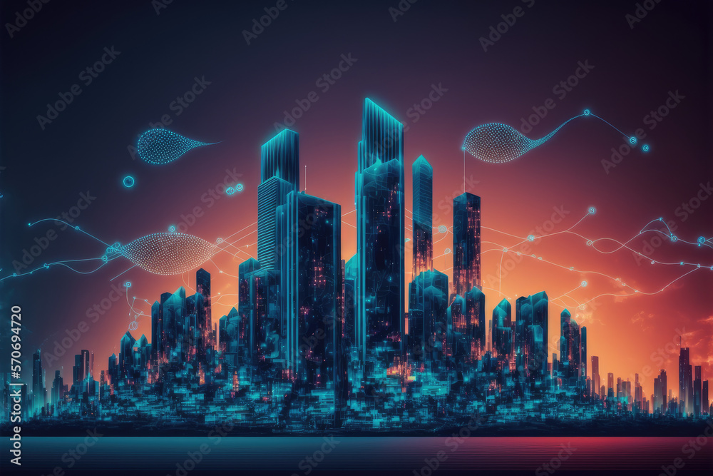 Futuristic smart city internet network connection through wireless system. Peculiar AI generative im