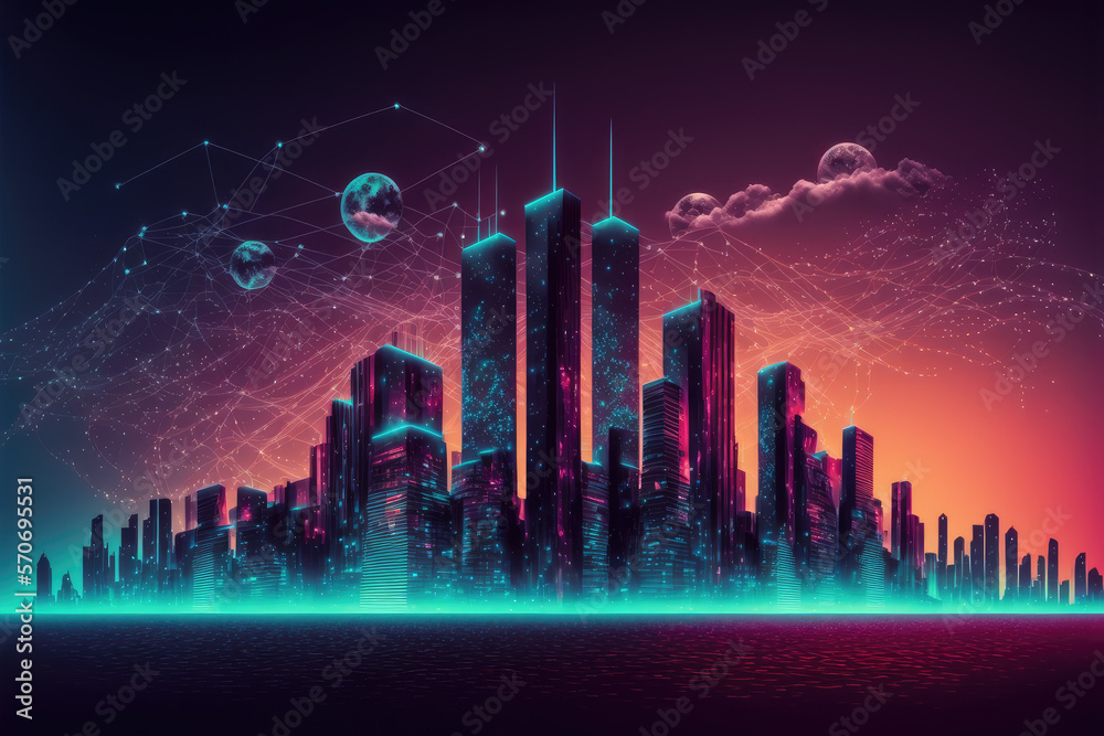 Futuristic smart city internet network connection through wireless system. Peculiar AI generative im