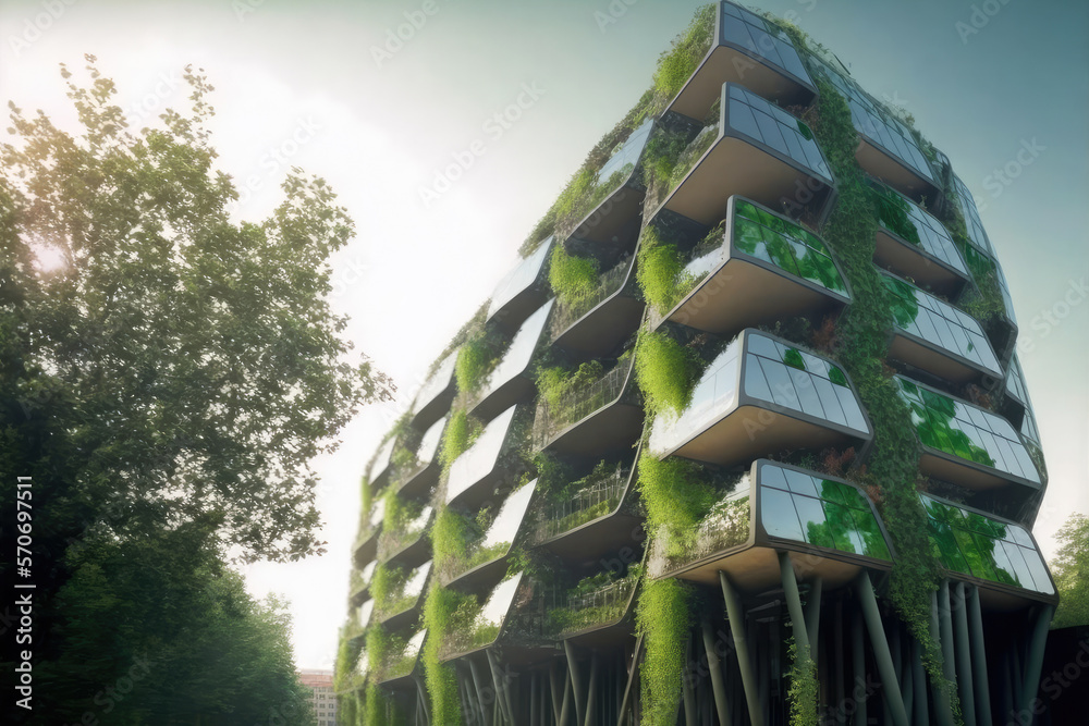 Eco friendly green building with vertical garden in modern city for sustainable clean environment. P