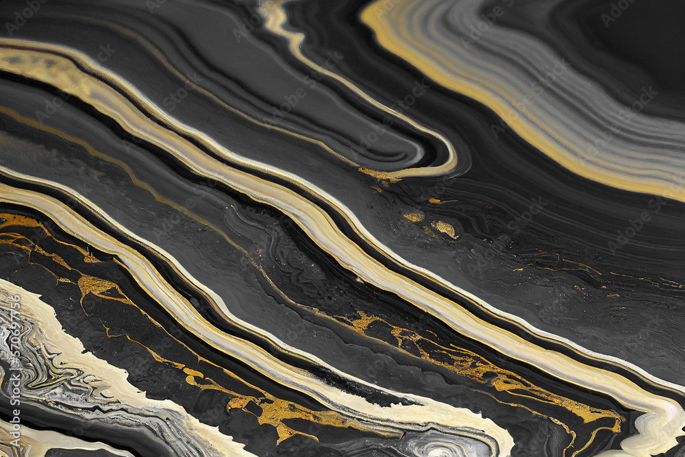 Abstract art background with a fluid marble black and gold texture. Splendid generative AI luxury ab