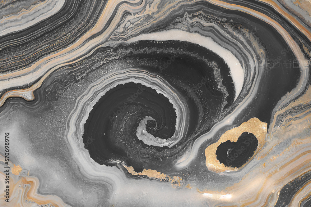 Abstract art background with a fluid marble black and gold texture. Splendid generative AI luxury ab