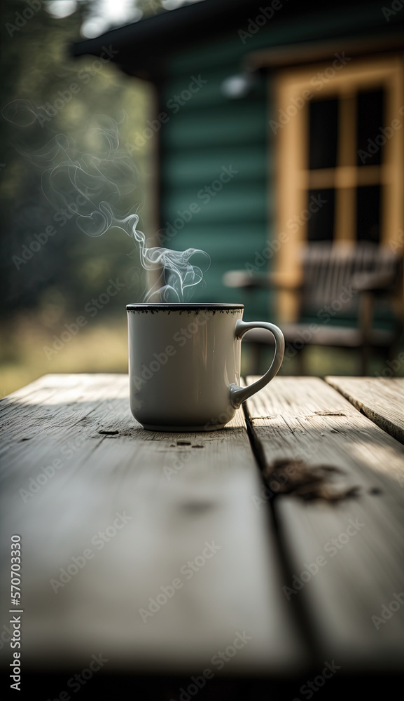  a steaming cup of coffee sitting on a wooden table outside a cabin with a bench in the background a