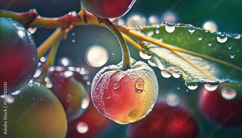  a close up of water droplets on a leaf and berries on a branch with leaves and berries in the foreg