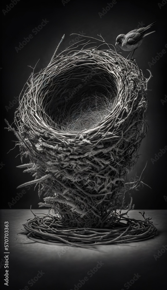  a bird is sitting on top of a birds nest in a dark room with a black and white photo of a birds n