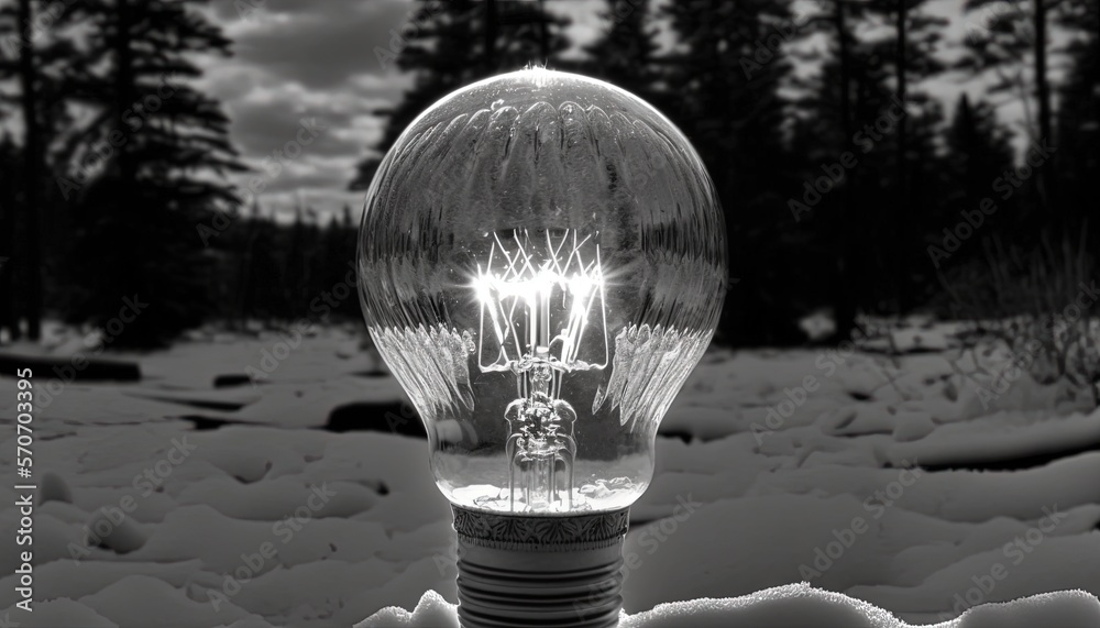  a light bulb sitting on top of a snow covered ground next to a forest filled with pine trees in the