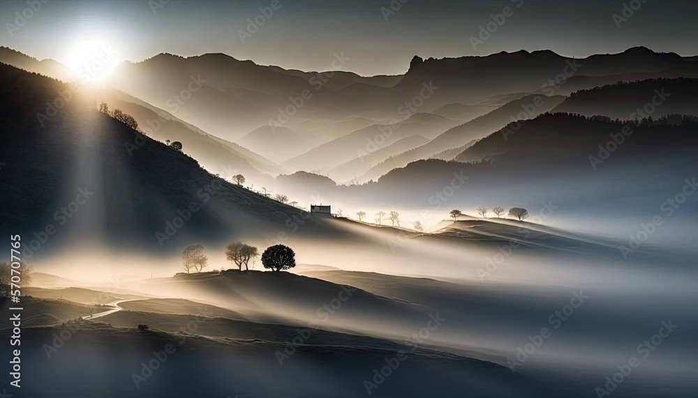  the sun shines brightly through the foggy hills of a mountain range with a lone tree on a hill top 