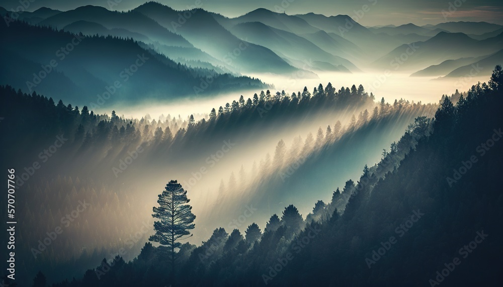  a pine tree stands in the middle of a foggy valley with mountains in the distance in the distance i