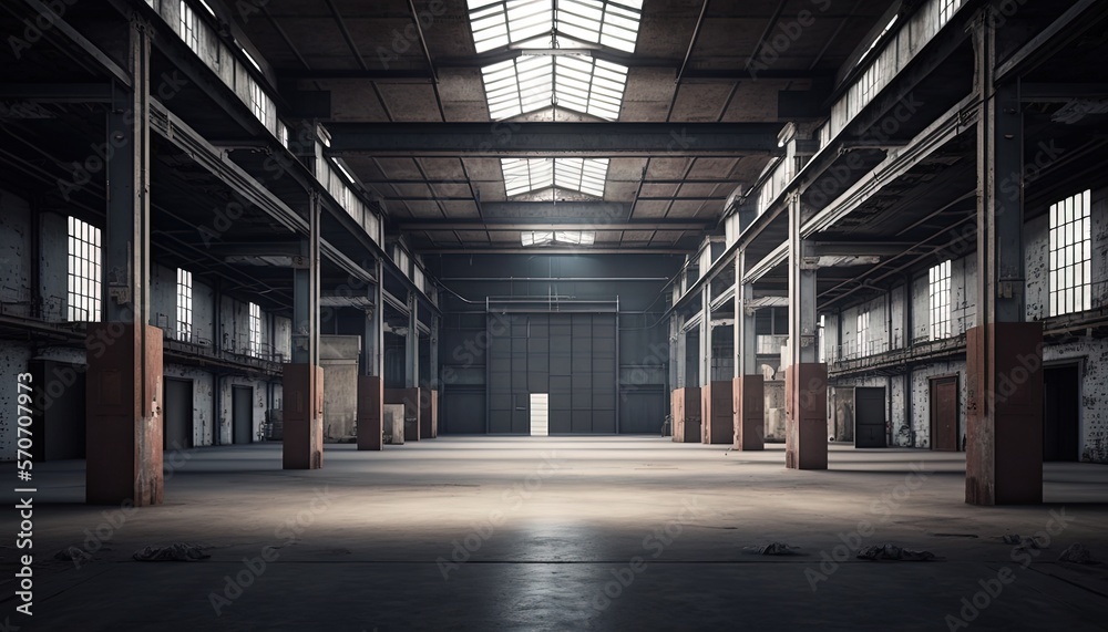  an empty warehouse with no people or vehicles inside of the building and a skylight above the door 