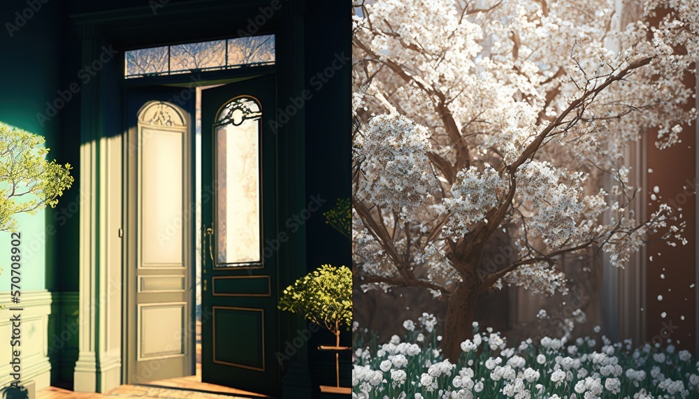  a painting of a door and a tree with white flowers in the foreground and a painting of a door and a