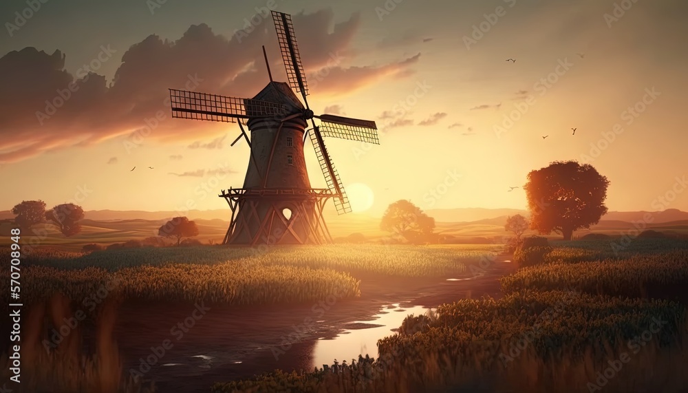  a painting of a windmill in a field with a river running through it and birds flying around the win