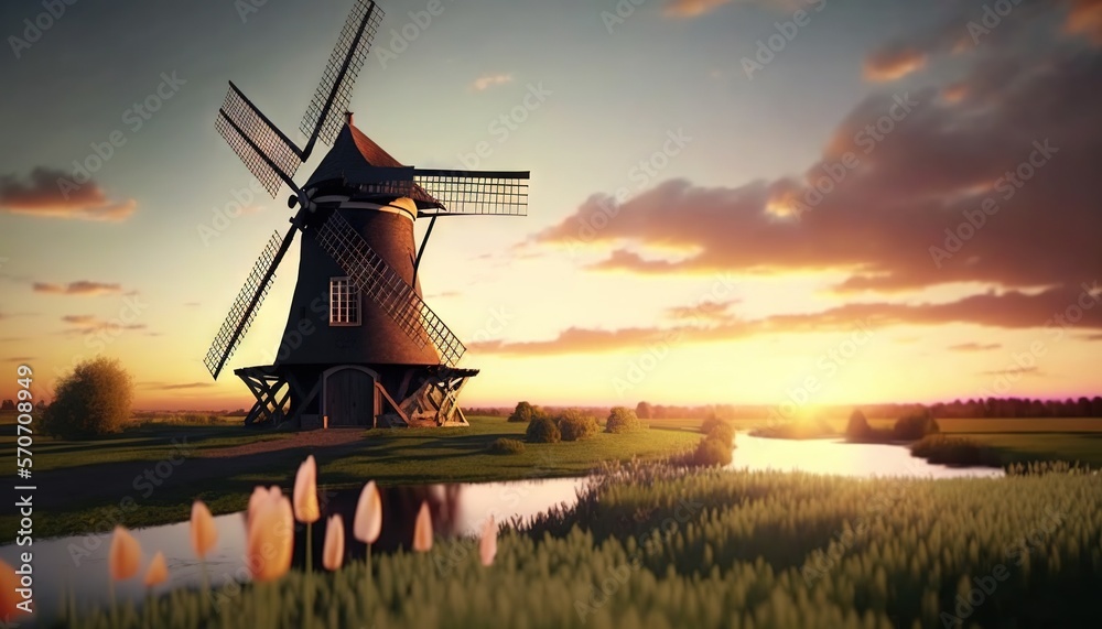  a painting of a windmill in a field with the sun setting behind it and a body of water in the foreg