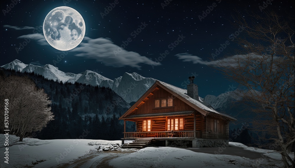  a cabin in the mountains with a full moon in the sky and a full moon in the sky above the cabin and