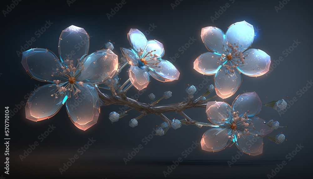  a branch of a tree with flowers on a dark background with a light reflection on the leaves and peta