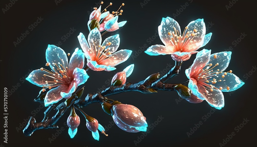  a branch of a tree with flowers and leaves on a black background with a blue light coming from the 