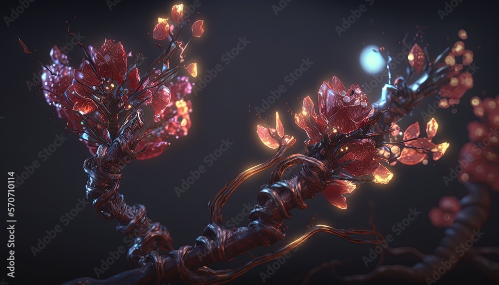  a bunch of flowers that are on a branch in the dark night time, with a light shining on the branche