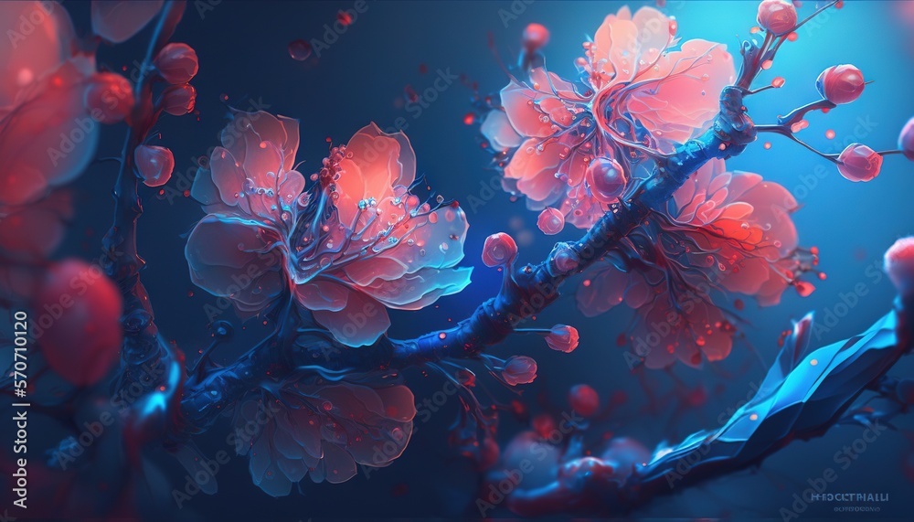  a painting of a branch with pink flowers and drops of water on it and a blue background with a blue