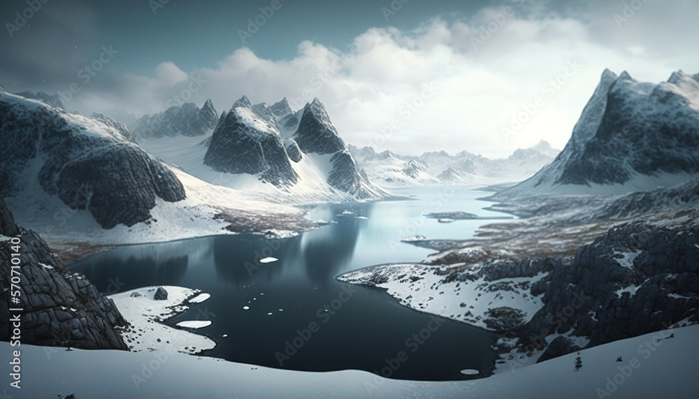  a snowy mountain landscape with a lake and mountains in the distance with snow on the ground and ro