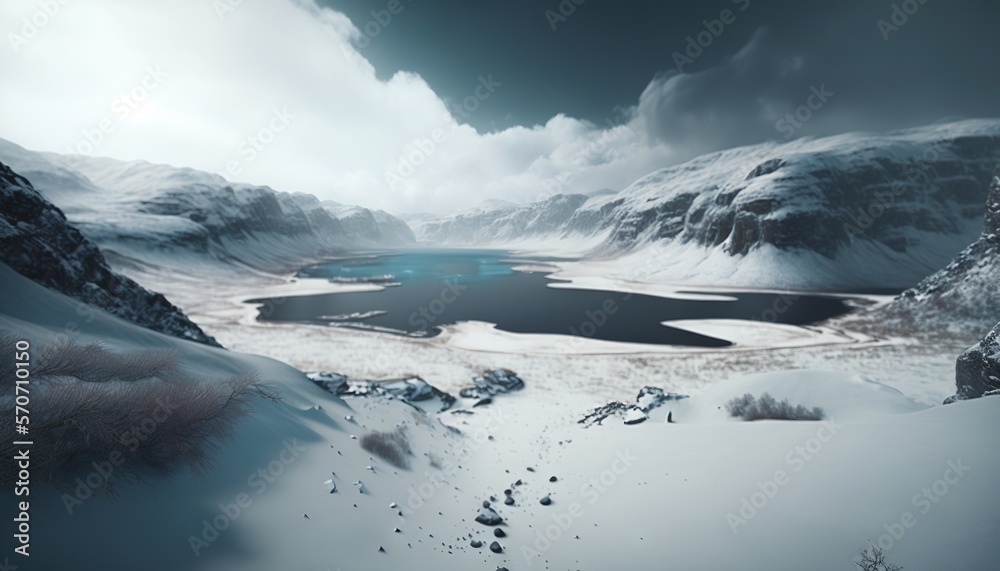  a snow covered mountain with a lake in the middle of the snow and clouds in the sky above the mount