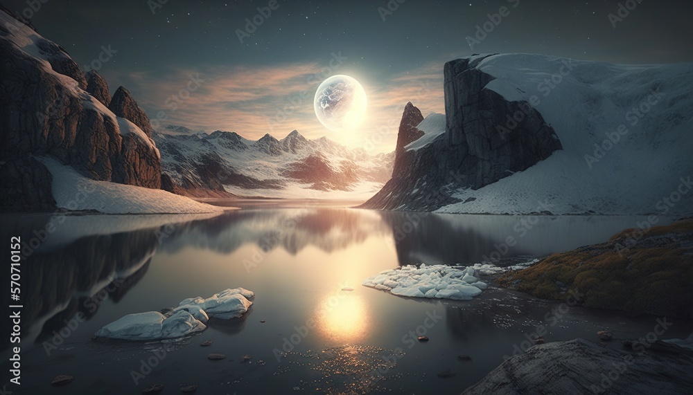  a full moon over a mountain lake with icebergs in the foreground and a moon in the sky above the wa