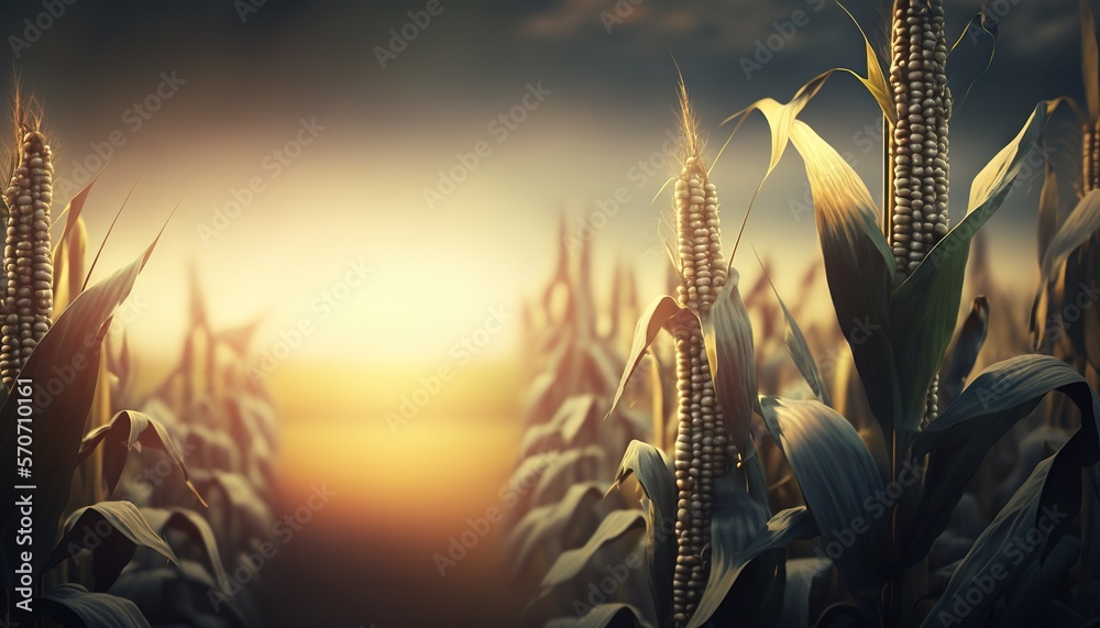  a corn field with the sun setting in the background and a path leading to the end of the corn field