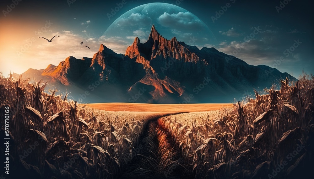  a painting of a mountain landscape with a path leading to a field of wheat in front of a full moon 