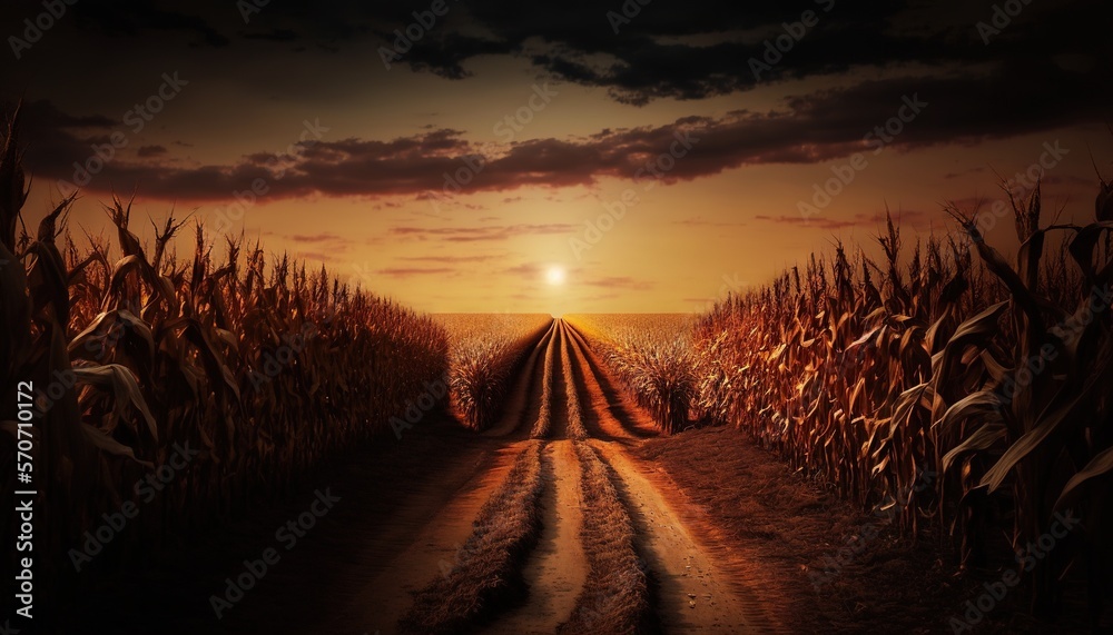  a painting of a corn field with the sun setting in the distance and a dirt road leading to the end 