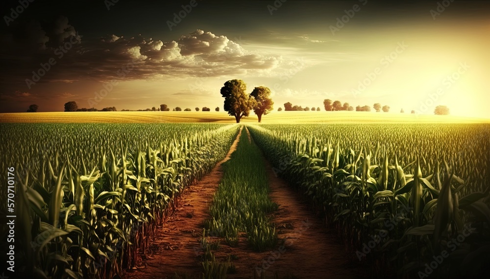  a field with a dirt path leading to a tree in the middle of the field with a sunset in the backgrou