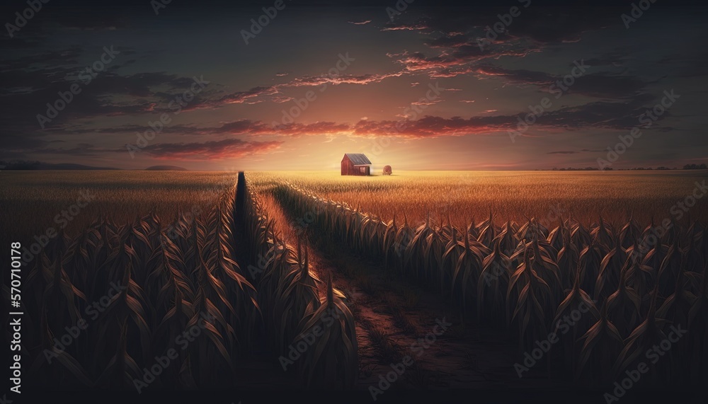  a corn field with a house in the distance and a sunset in the background with clouds in the sky and