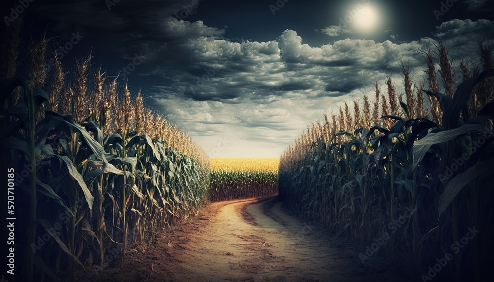  a painting of a corn field with a full moon in the sky and a dirt road leading to it with a cornfie