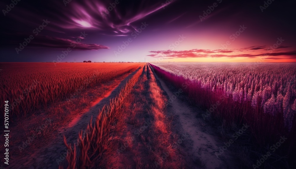  a field with a dirt road in the middle of it and a sunset in the background with clouds in the sky 