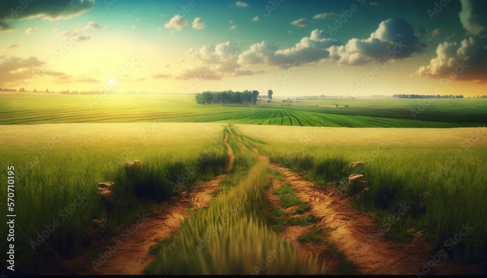  a green field with a dirt road in the middle of it and a sunset in the background with clouds in th